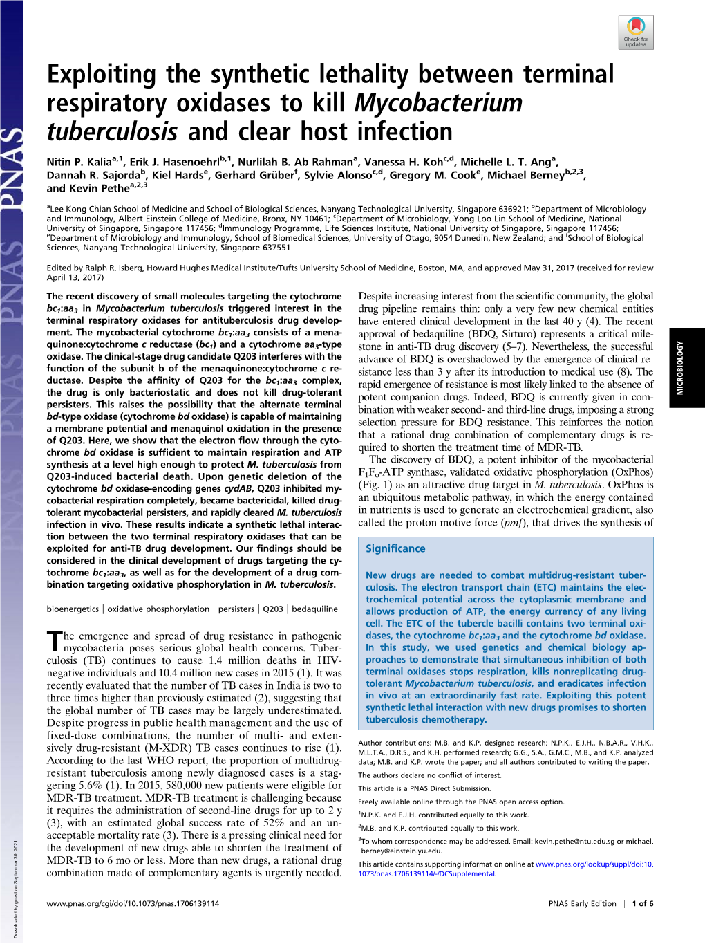 Exploiting the Synthetic Lethality Between Terminal Respiratory Oxidases to Kill Mycobacterium Tuberculosis and Clear Host Infection