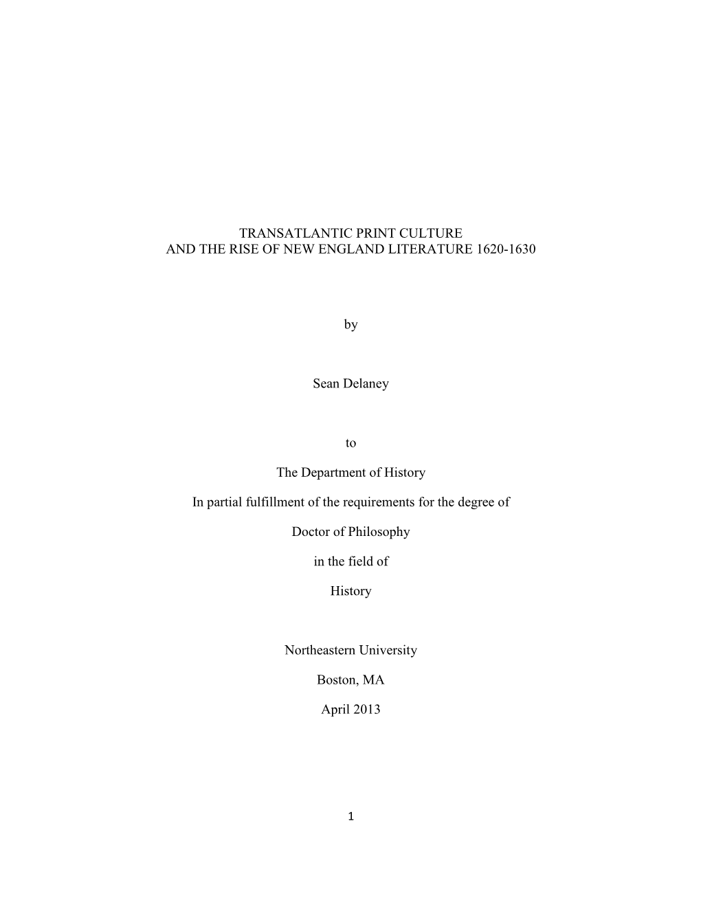 Transatlantic Print Culture and the Rise of New England Literature, 1620-1630