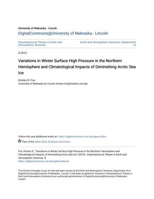 Variations in Winter Surface High Pressure in the Northern Hemisphere and Climatological Impacts of Diminishing Arctic Sea Ice