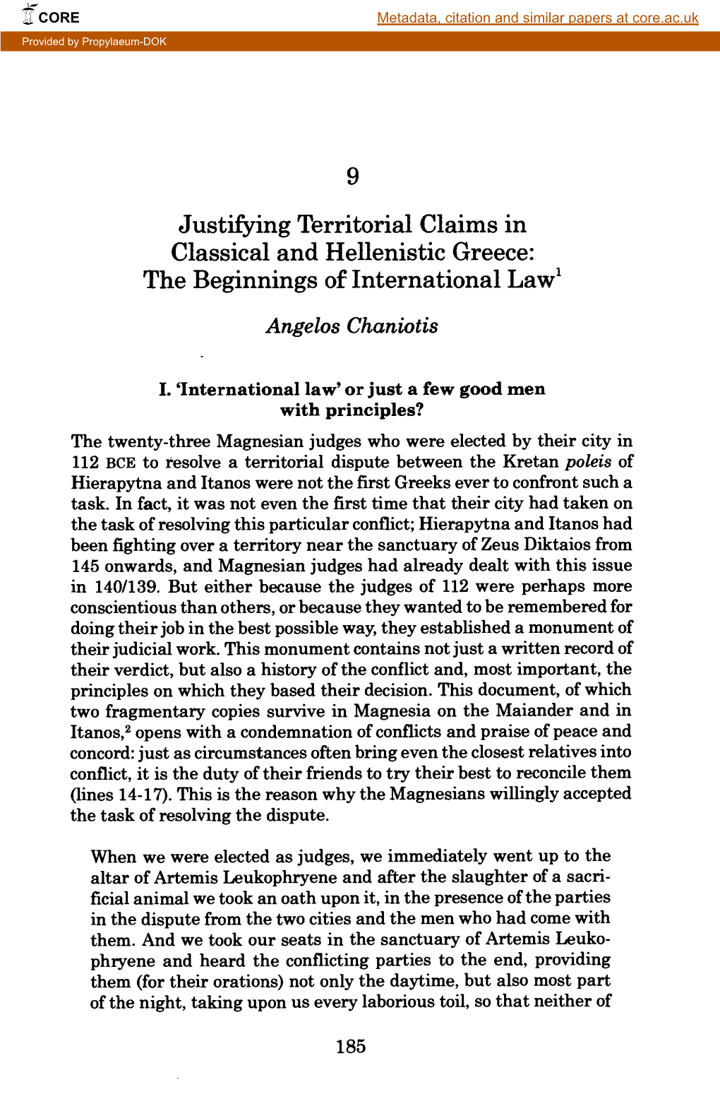 Justifying Territorial Claims in Classical and Hellenistic Greece: the Beginnings of International Law1