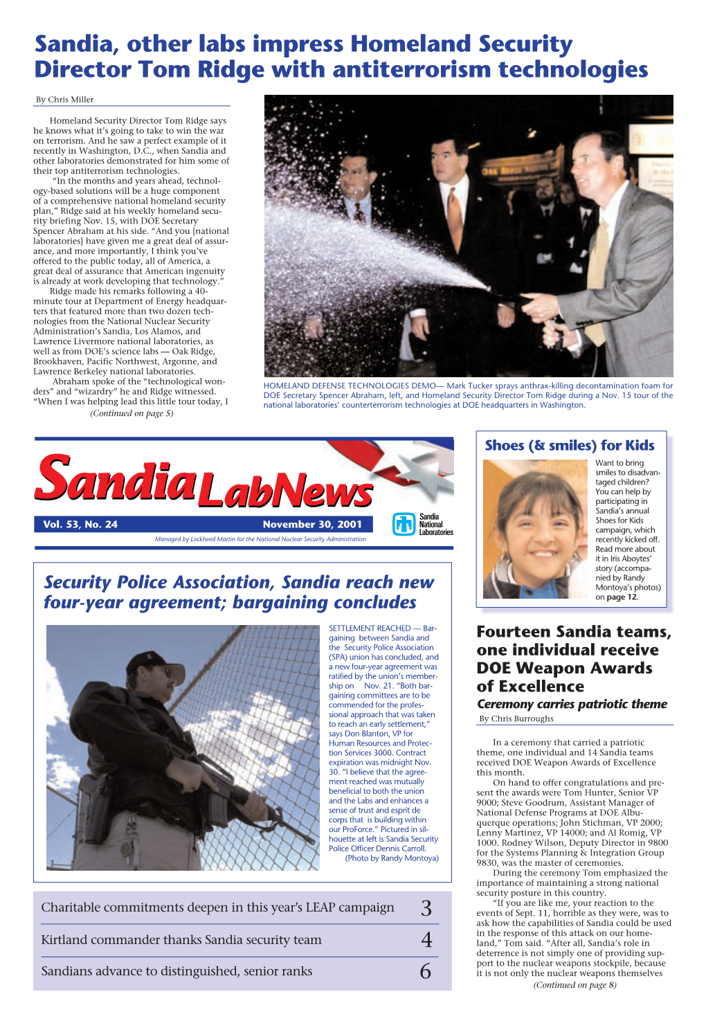 November 30, 2001 Lab News
