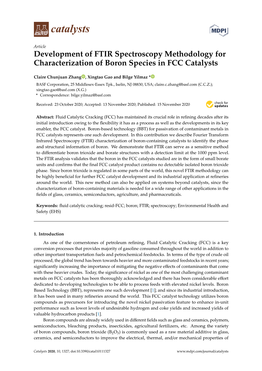 Development of FTIR Spectroscopy Methodology for Characterization of Boron Species in FCC Catalysts