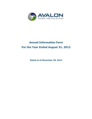 Annual Information Form for the Year Ended August 31, 2012