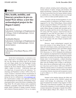 Diet, Health, Mobility, and Funerary Practices in Pre-Co- Lonial West Africa: a New Bio- Archaeological Project in the Dogon
