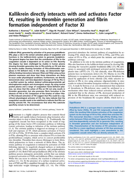 Kallikrein Directly Interacts with and Activates Factor IX, Resulting in Thrombin Generation and Fibrin Formation Independent of Factor XI