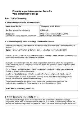 Equality Impact Assessment Form for Vale of Berkeley College