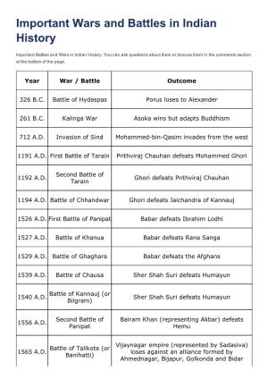 Important Wars and Battles in Indian History