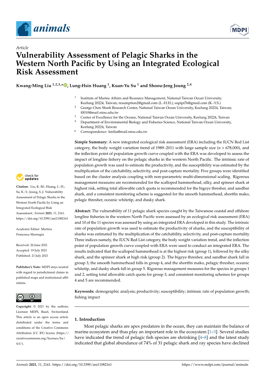 Vulnerability Assessment of Pelagic Sharks in the Western North Pacific