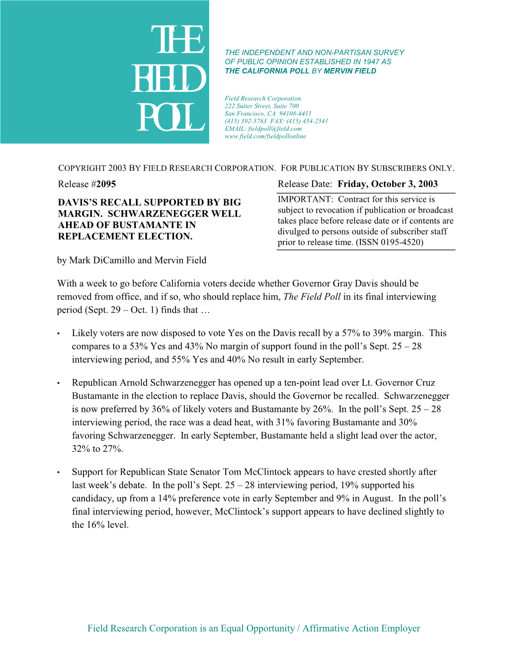 The Field Poll in Its Final Interviewing Period (Sept