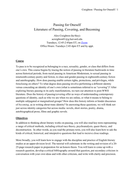 Passing for Oneself Literature of Passing, Covering, and Becoming