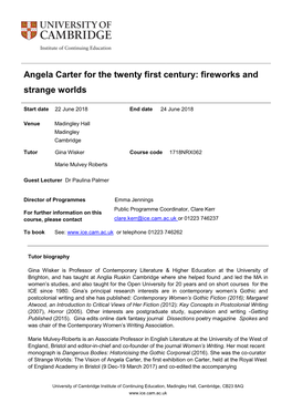 Angela Carter for the Twenty First Century: Fireworks and Strange Worlds