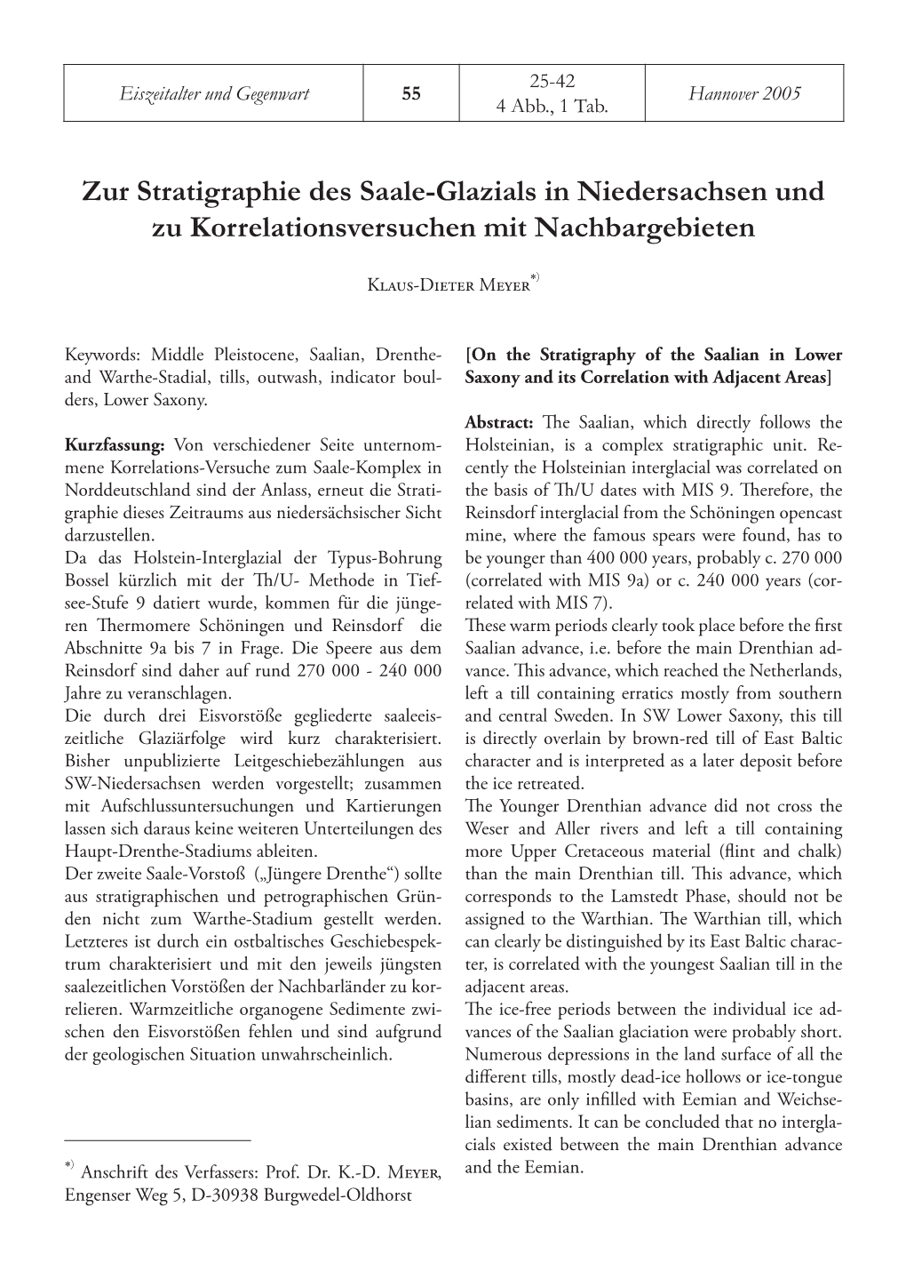 Zur Stratigraphie Des Saale-Glazials in Niedersachsen Und Zu Korrelationsversuchen Mit Nachbargebieten