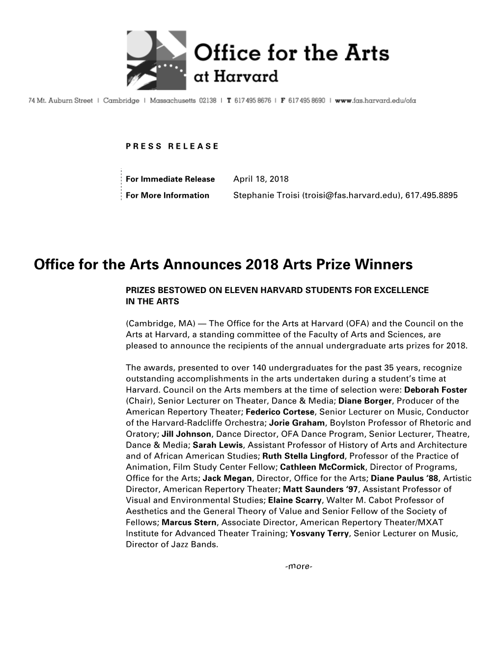 Office for the Arts Announces 2018 Arts Prize Winners