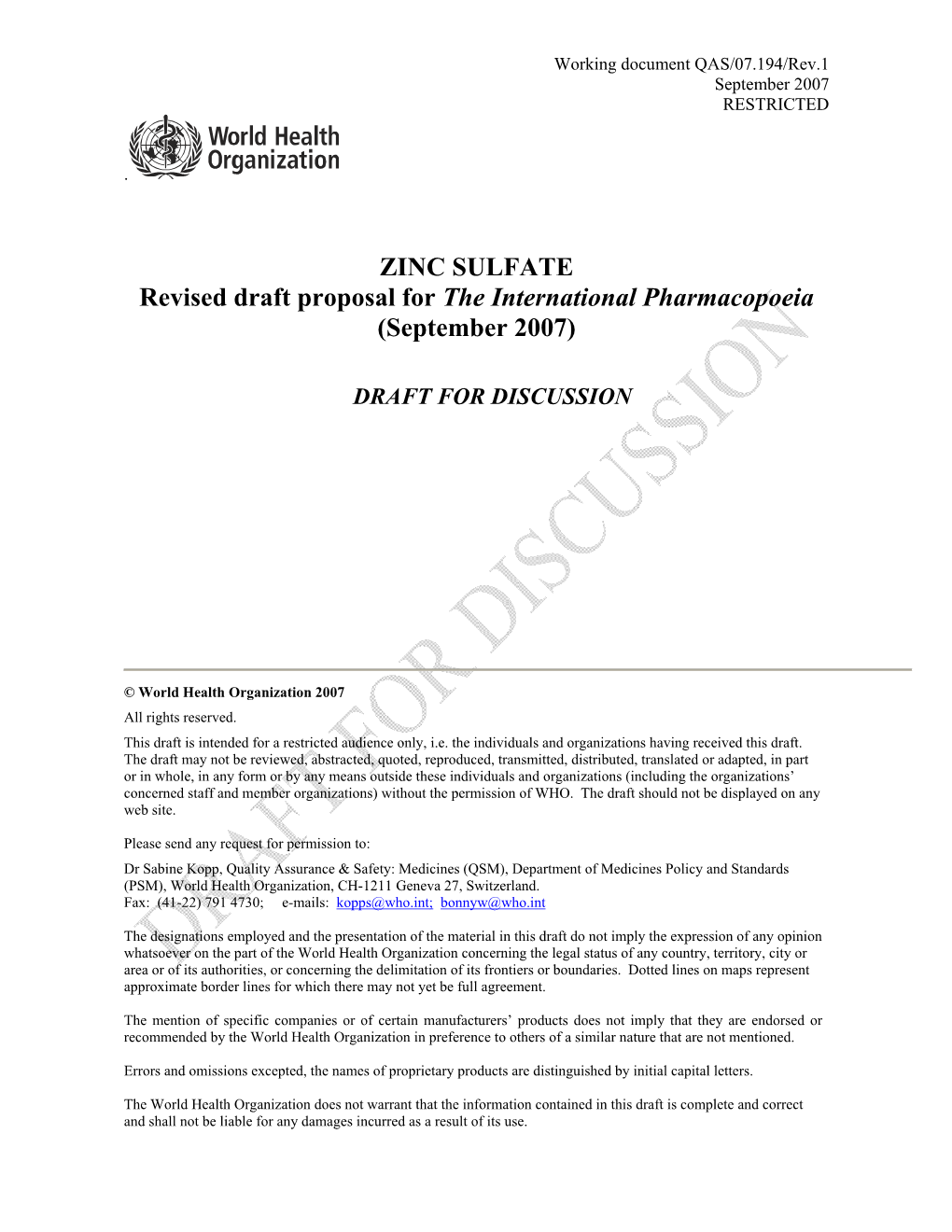 ZINC SULFATE Revised Draft Proposal for the International Pharmacopoeia (September 2007)