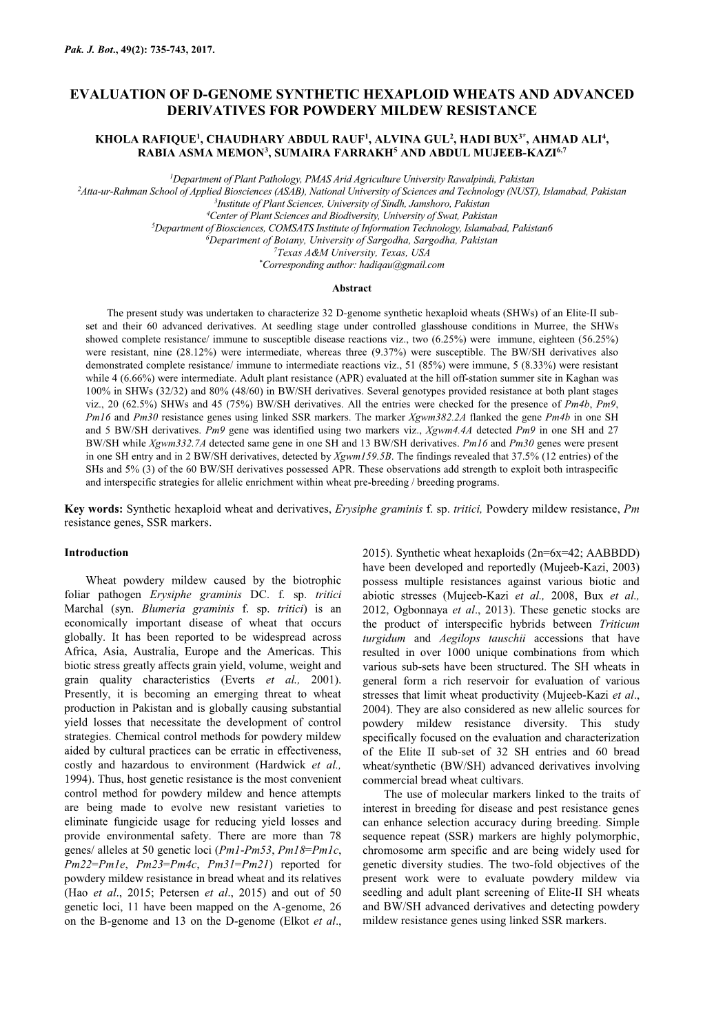 Evaluation of D-Genome Synthetic Hexaploid Wheats and Advanced Derivatives for Powdery Mildew Resistance