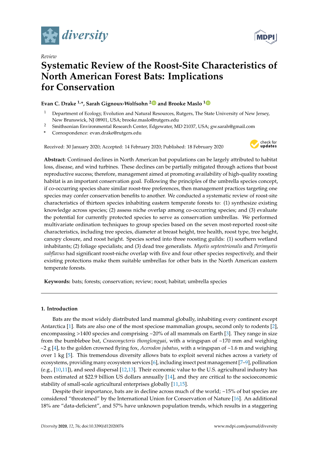 Systematic Review of the Roost-Site Characteristics of North American Forest Bats: Implications for Conservation