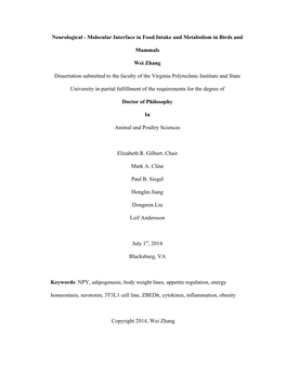 Neurological - Molecular Interface in Food Intake and Metabolism in Birds And