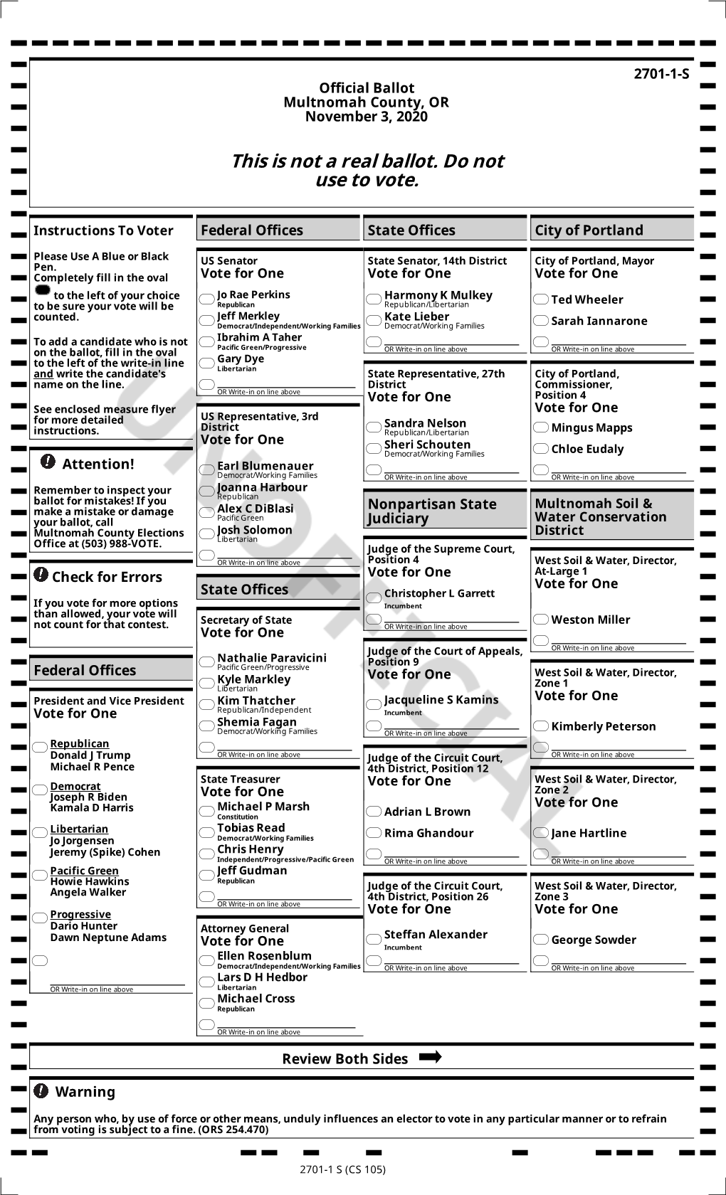 This Is Not a Real Ballot. Do Not Use to Vote