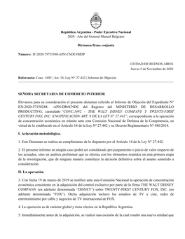 SEÑORA SECRETARIA DE COMERCIO INTERIOR Elevamos Para Su Consideración El Presente Dictamen Referido Al Informe De Objeción De