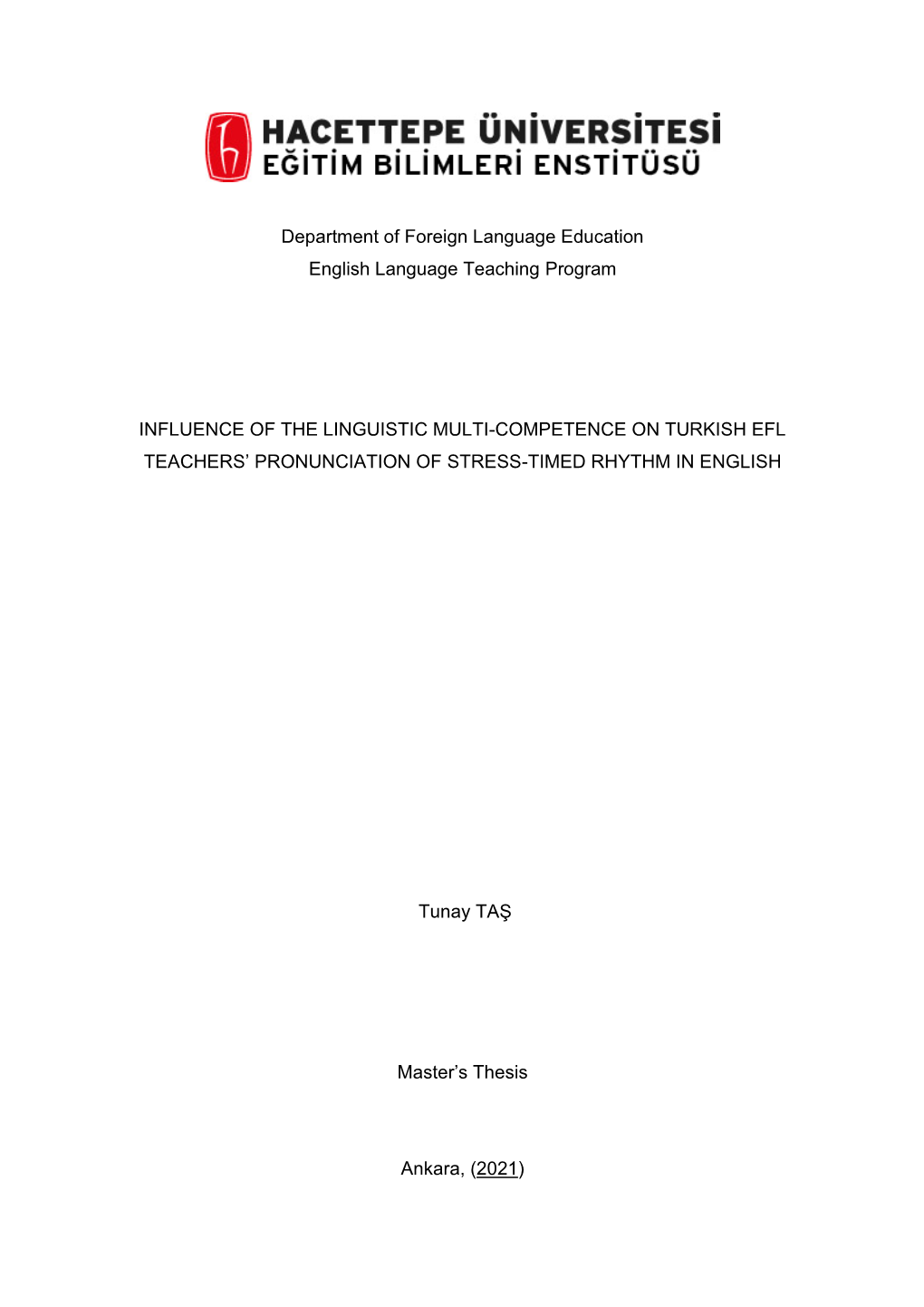 Department of Foreign Language Education English Language Teaching Program