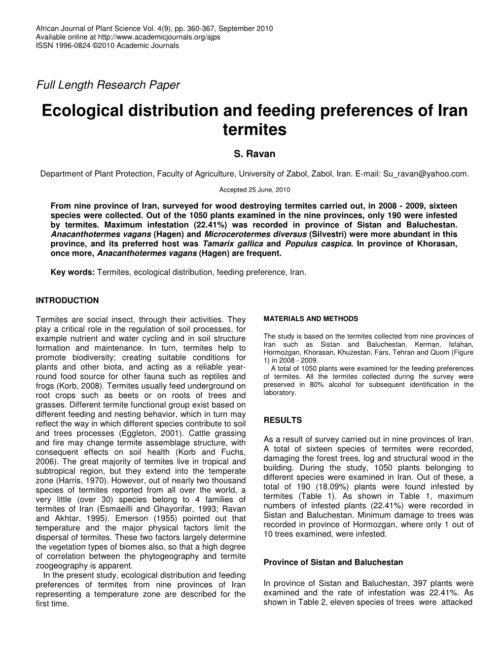 Ecological Distribution and Feeding Preferences of Iran Termites