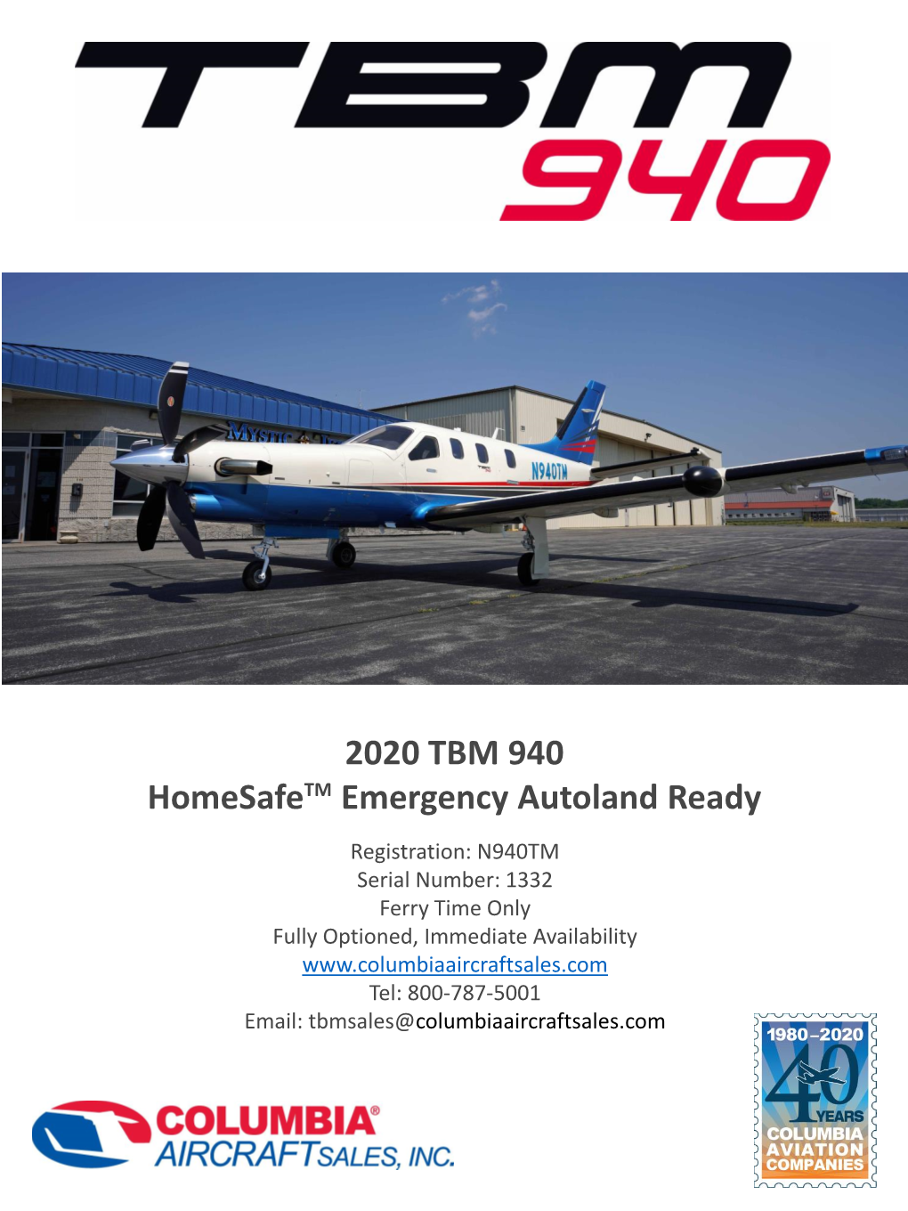 2020 TBM 940 Homesafetm Emergency Autoland Ready