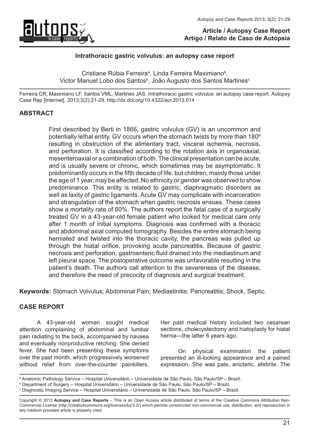 Article / Autopsy Case Report Artigo / Relato De Caso De Autópsia
