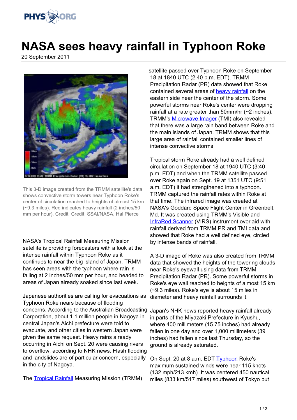 NASA Sees Heavy Rainfall in Typhoon Roke 20 September 2011