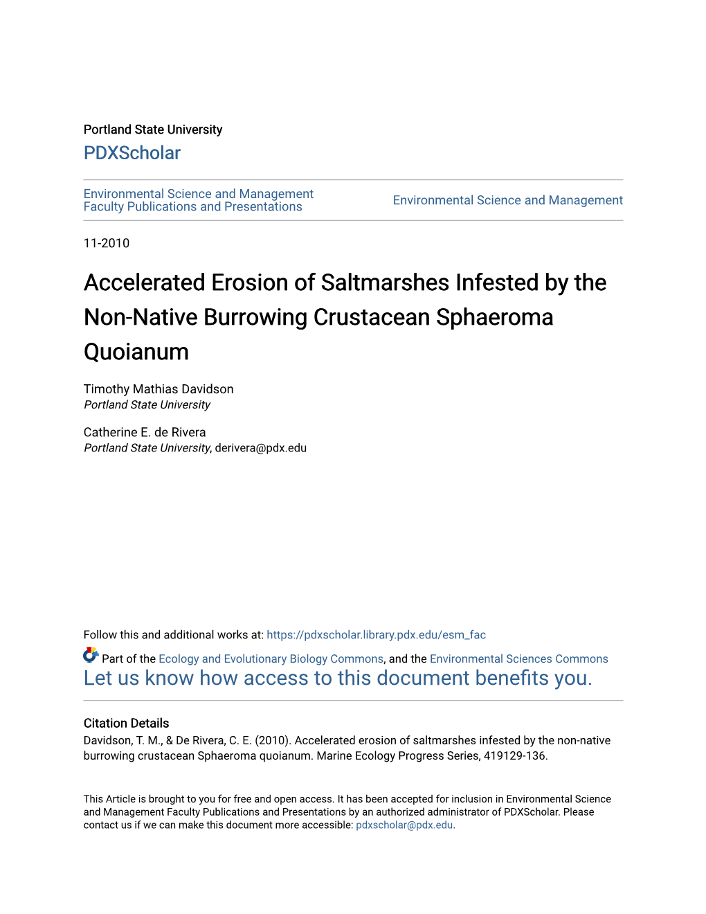 Accelerated Erosion of Saltmarshes Infested by the Non-Native Burrowing Crustacean Sphaeroma Quoianum