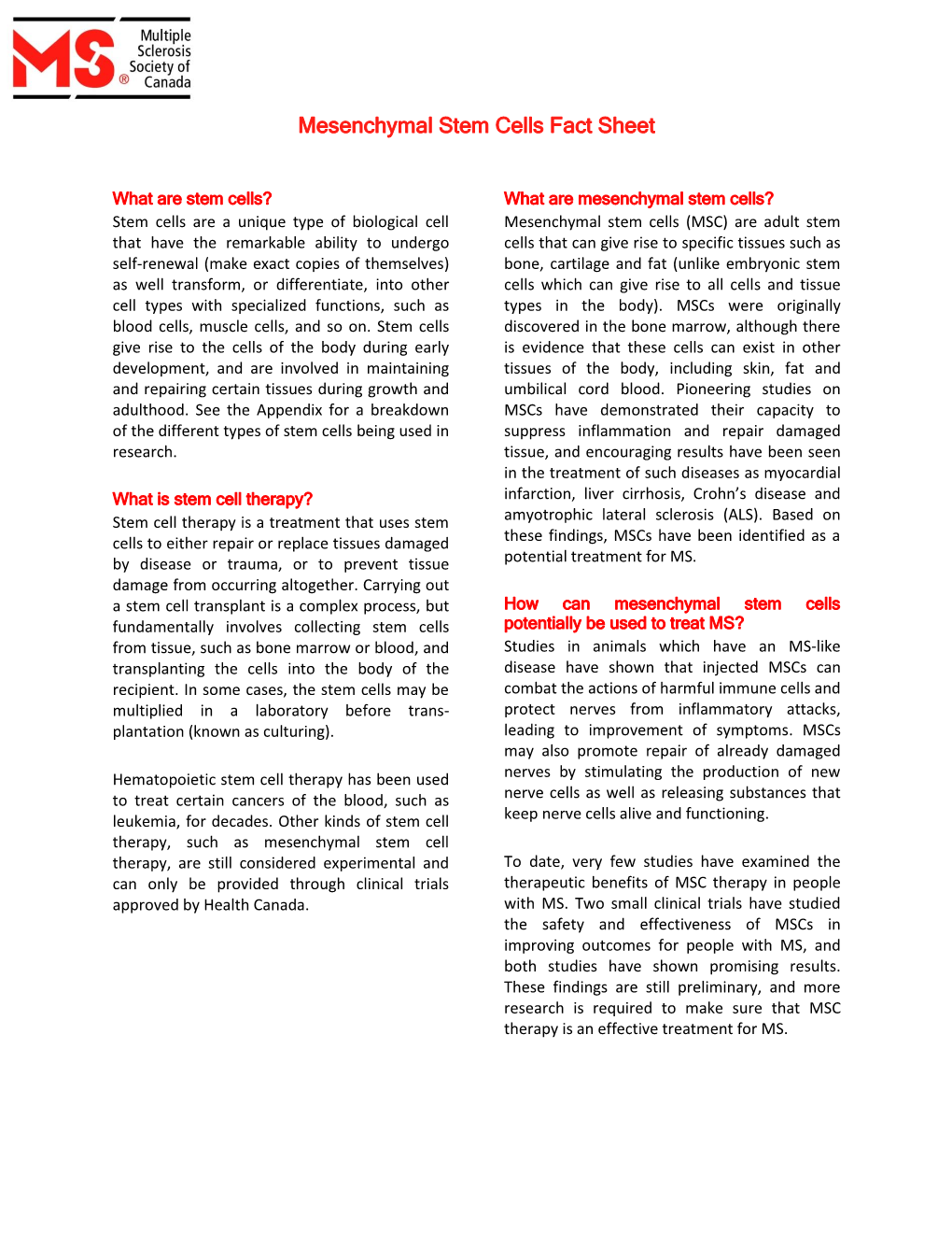 Mesenchymal Stem Cells Fact Sheet