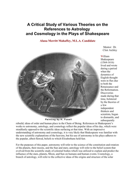 A Critical Study of Various Theories on the References to Astrology and Cosmology in the Plays of Shakespeare