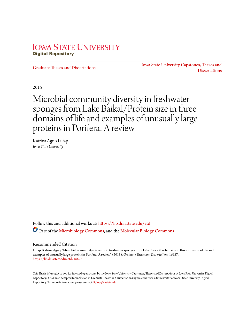 Microbial Community Diversity in Freshwater Sponges from Lake Baikal/Protein Size in Three Domains of Life and Examples of Unusu