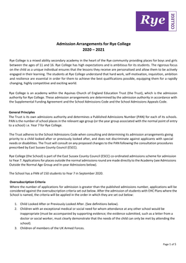Admission Arrangements for Rye College 2020 – 2021