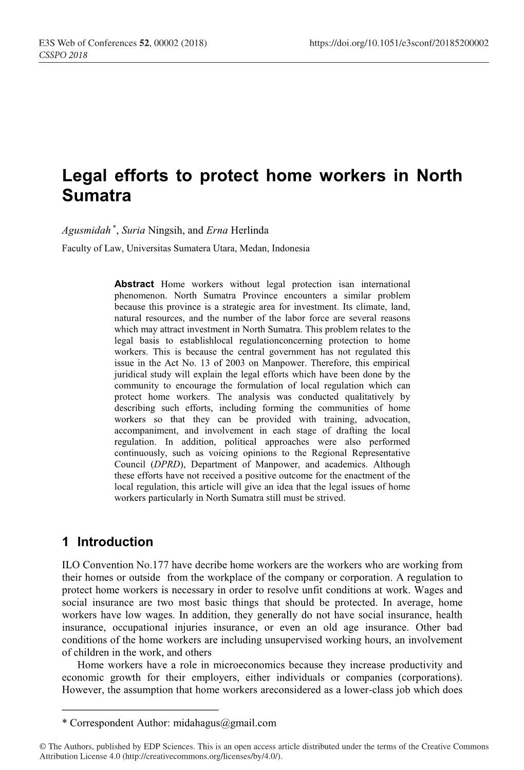 Legal Efforts to Protect Home Workers in North Sumatra