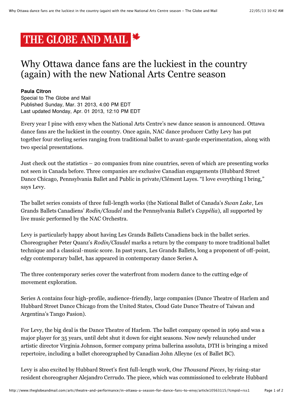 Why Ottawa Dance Fans Are the Luckiest in the Country (Again) with the New National Arts Centre Season - the Globe and Mail 22/05/13 10:42 AM