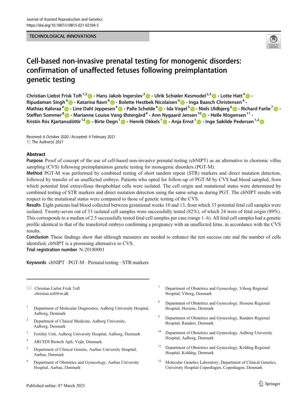 Cell-Based Non-Invasive Prenatal Testing for Monogenic Disorders: Confirmation of Unaffected Fetuses Following Preimplantation Genetic Testing