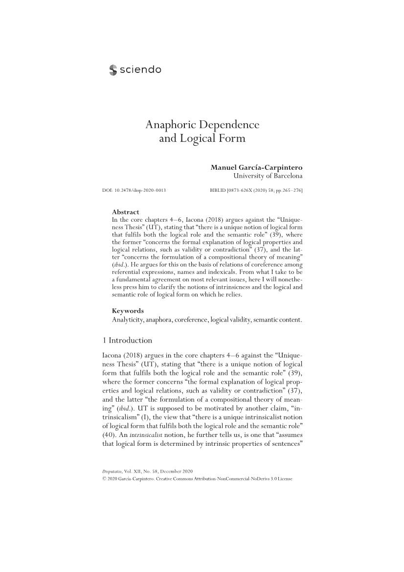 Anaphoric Dependence and Logical Form