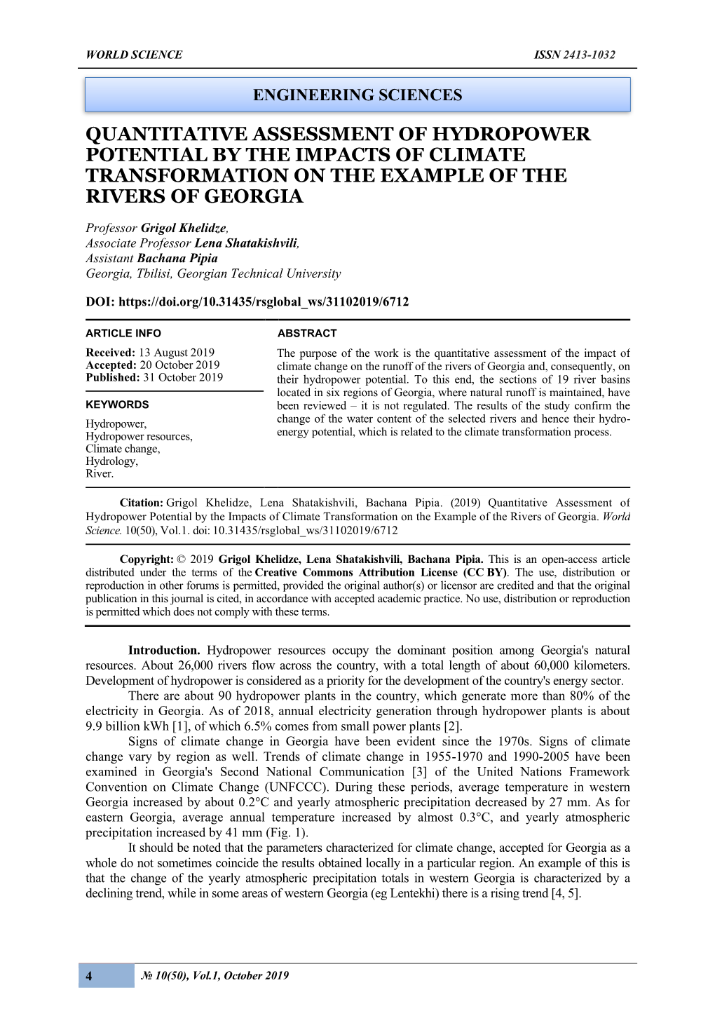 Quantitative Assessment of Hydropower Potential by the Impacts of Climate Transformation on the Example of the Rivers of Georgia