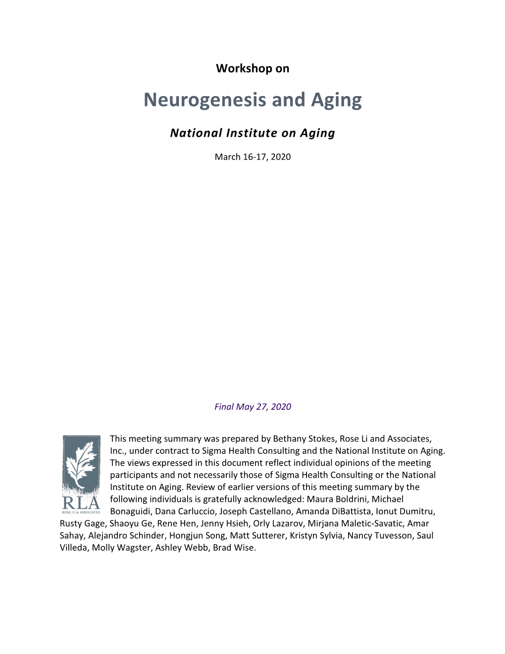 Workshop on Neurogenesis and Aging