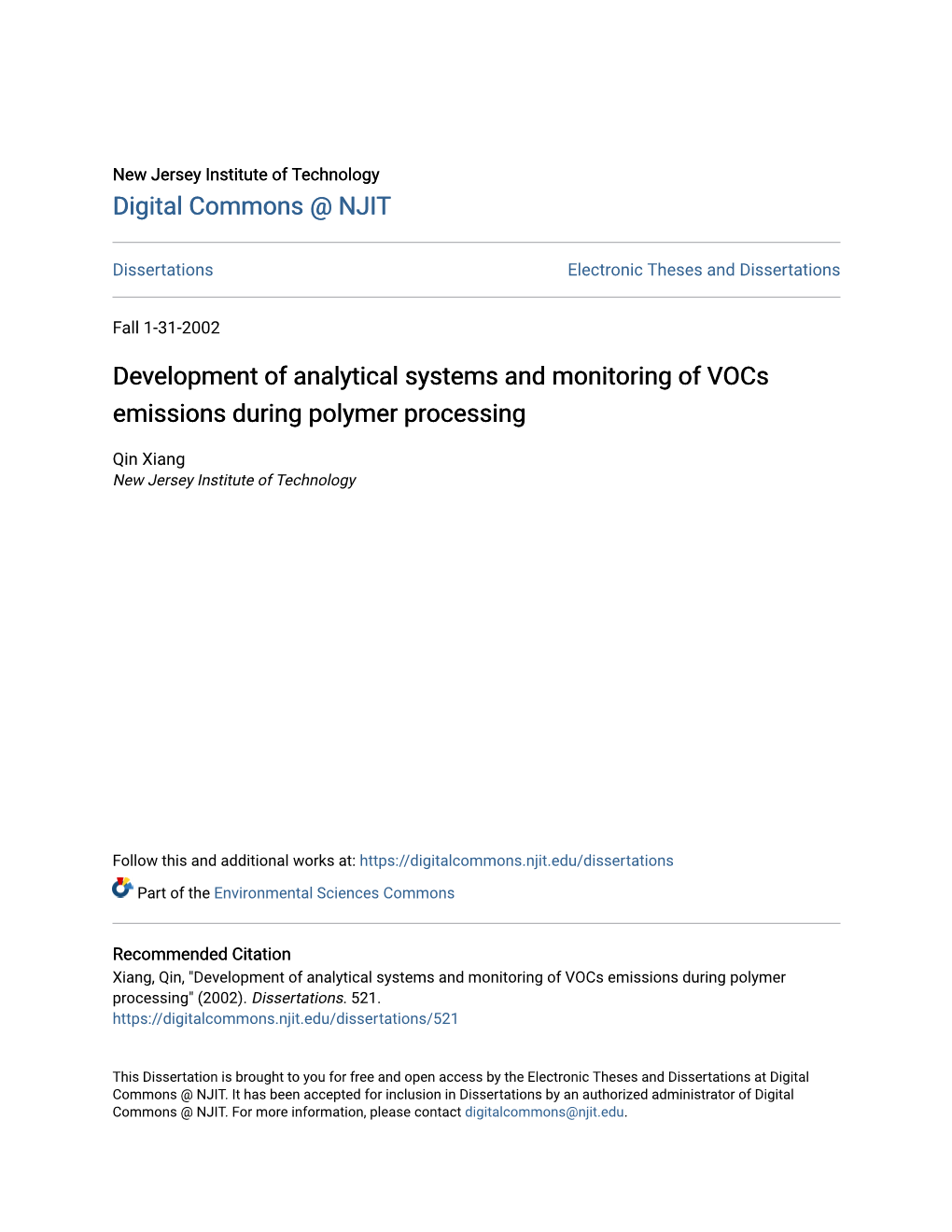 Development of Analytical Systems and Monitoring of Vocs Emissions During Polymer Processing