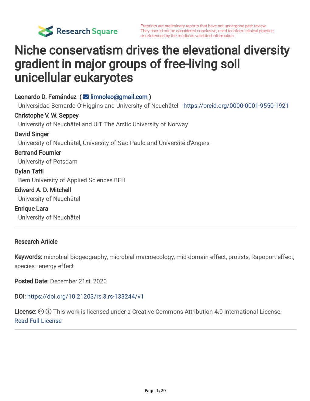 Niche Conservatism Drives the Elevational Diversity Gradient in Major Groups of Free-Living Soil Unicellular Eukaryotes
