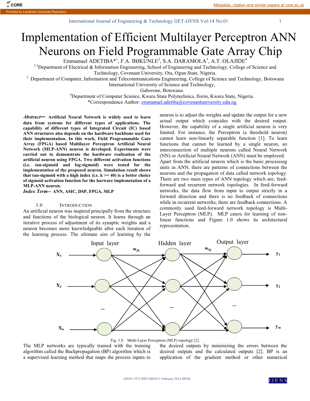 Implementation of Efficient Multilayer Perceptron ANN Neurons on Field Programmable Gate Array Chip Emmanuel ADETIBA*1, F.A