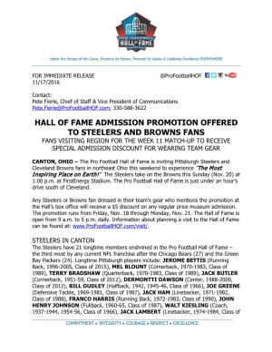 Hall of Fame Admission Promotion Offered to Steelers and Browns Fans