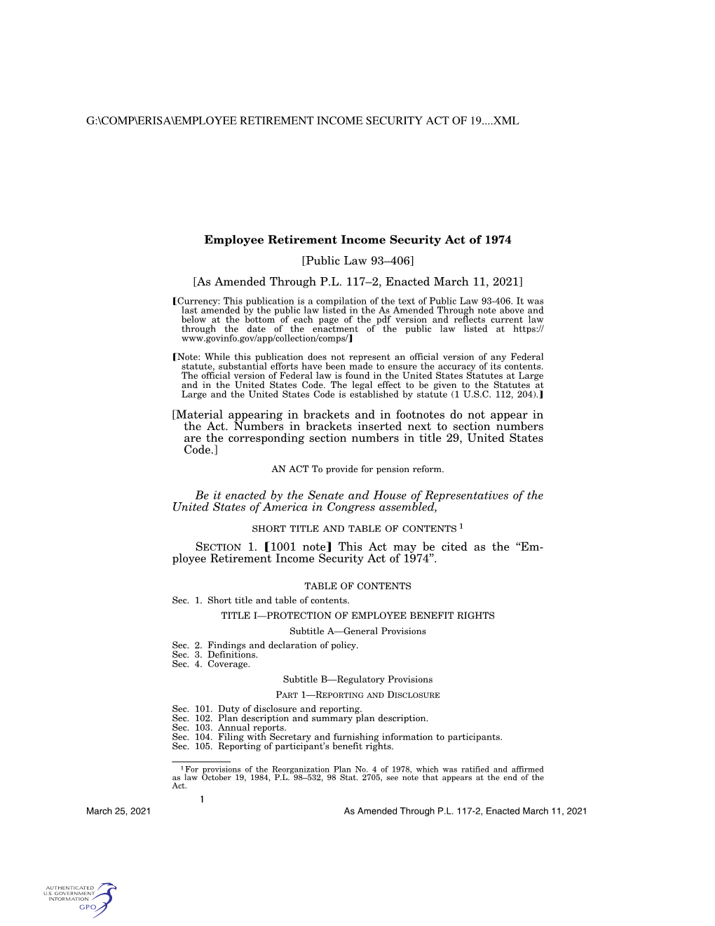 Employee Retirement Income Security Act of 1974 [Public Law 93–406] [As Amended Through P.L