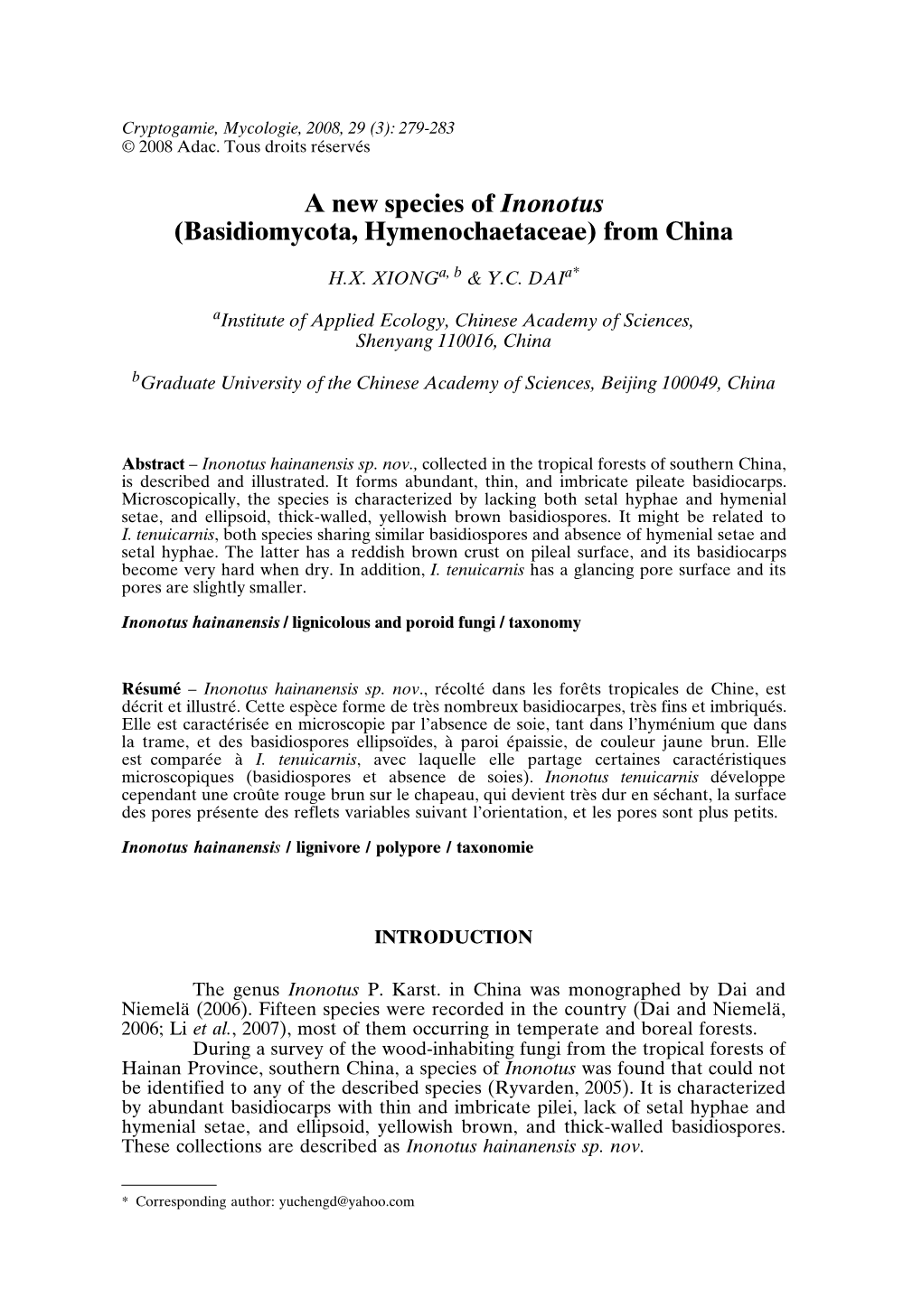 A New Species of Inonotus (Basidiomycota, Hymenochaetaceae) from China