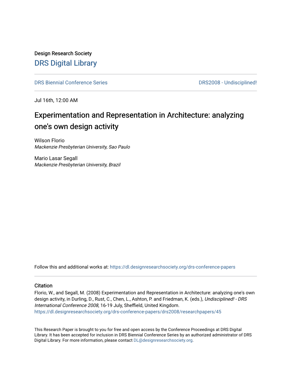 Experimentation and Representation in Architecture: Analyzing One's Own Design Activity