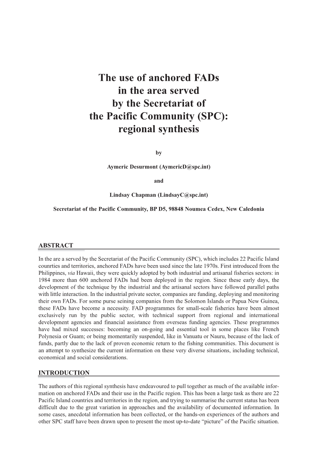 The Use of Anchored Fads in the Area Served by the Secretariat of the Pacific Community (SPC): Regional Synthesis