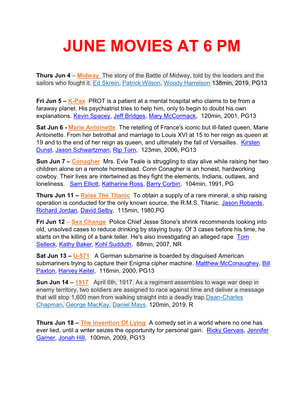 June Movies at 6 Pm