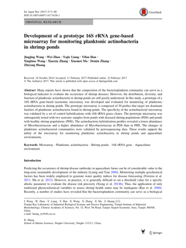 Development of a Prototype 16S Rrna Gene-Based Microarray for Monitoring Planktonic Actinobacteria in Shrimp Ponds