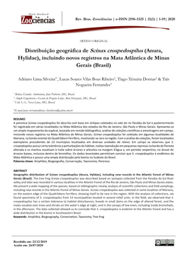 Distribuição Geográfica De Scinax Crospedospilus (Anura, Hylidae), Incluindo Novos Registros Na Mata Atlântica De Minas Gerais (Brasil)